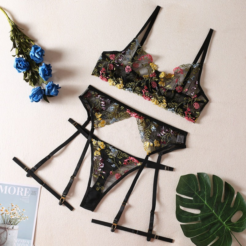 Sexy See-Through Yellow Garden Floral Bra Garter Belt Thong With Leg Ring