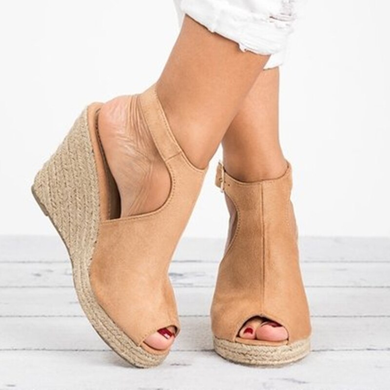 Women Suede Open Toe Cork Wedge Shoes
