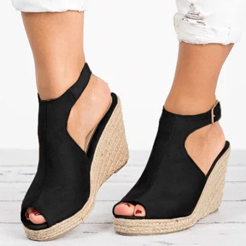 Women Suede Open Toe Cork Wedge Shoes