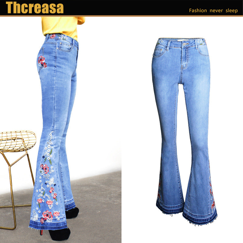 Women's Wide Leg Pants Denim Flared Pants Embroidered