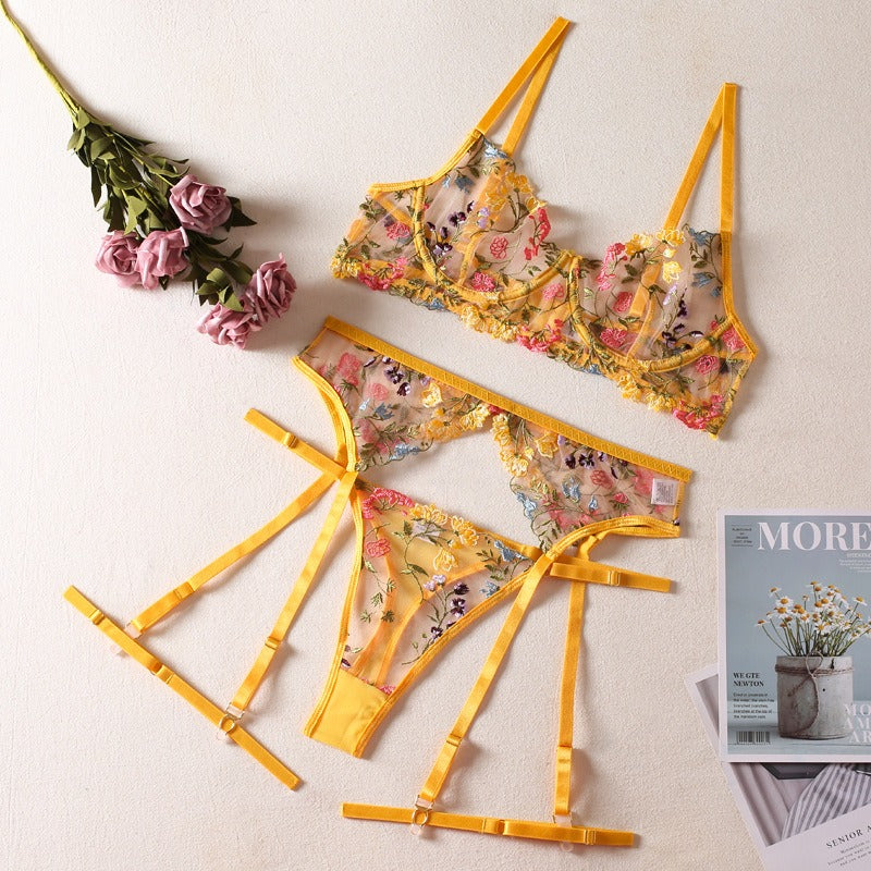 Sexy See-Through Yellow Garden Floral Bra Garter Belt Thong With Leg Ring
