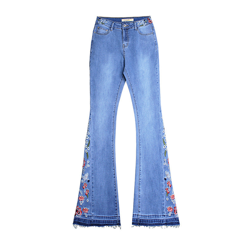 Women's Wide Leg Pants Denim Flared Pants Embroidered