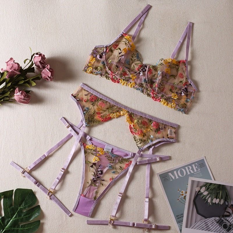 Sexy See-Through Yellow Garden Floral Bra Garter Belt Thong With Leg Ring