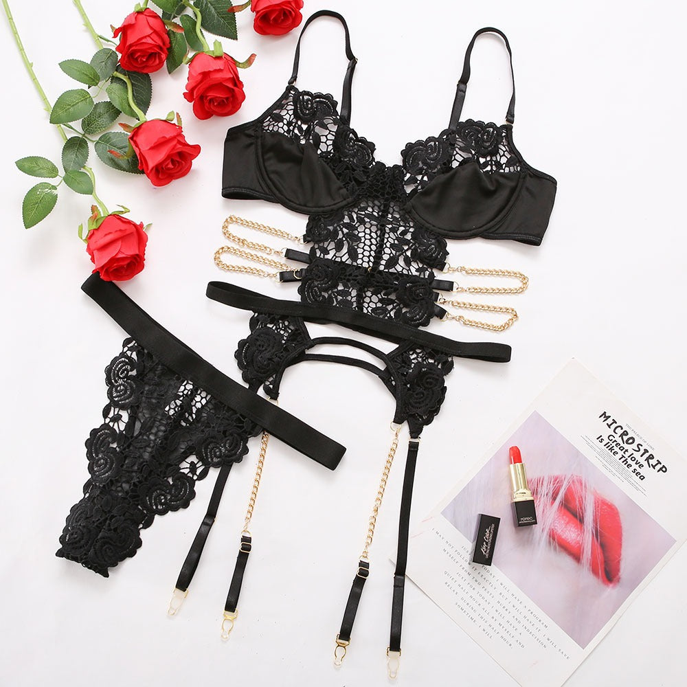 New Three-Point Hollow Black Erotic Backless Lace Sexy Suit