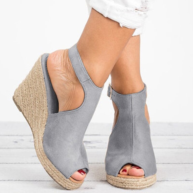 Women Suede Open Toe Cork Wedge Shoes
