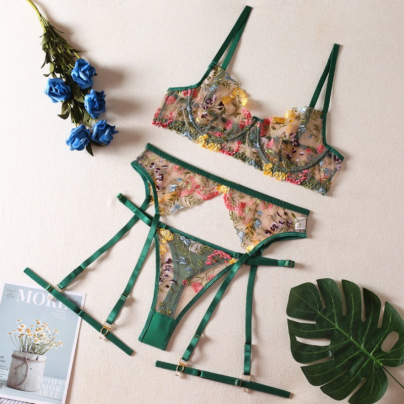 Sexy See-Through Yellow Garden Floral Bra Garter Belt Thong With Leg Ring