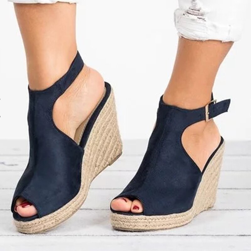 Women Suede Open Toe Cork Wedge Shoes