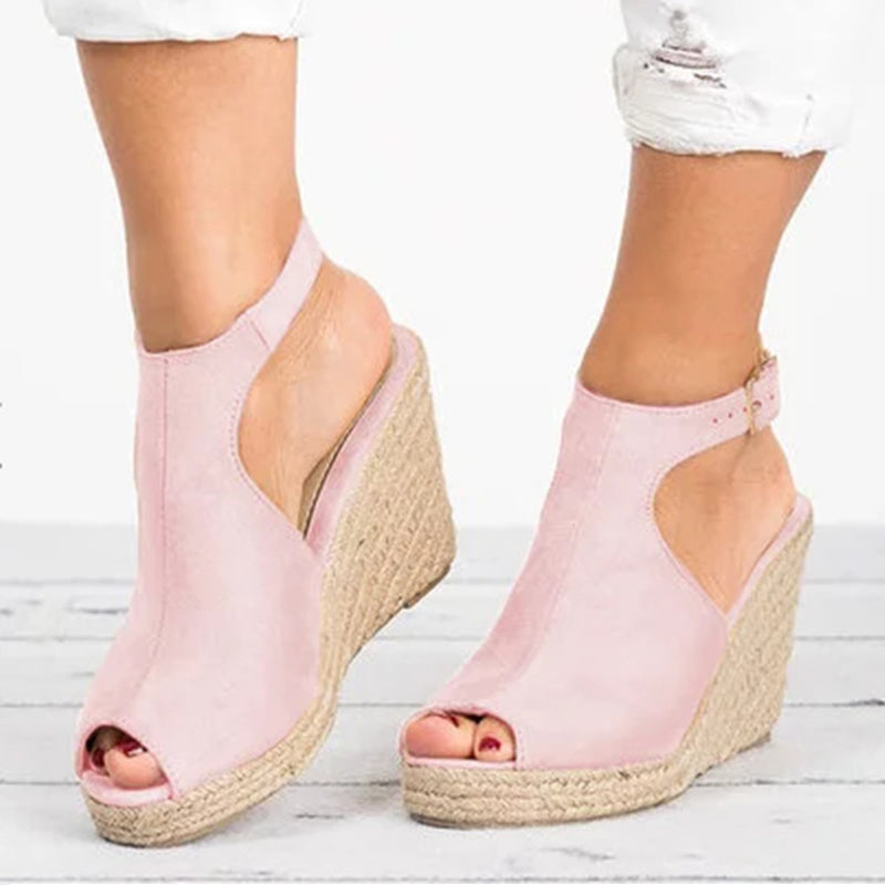 Women Suede Open Toe Cork Wedge Shoes