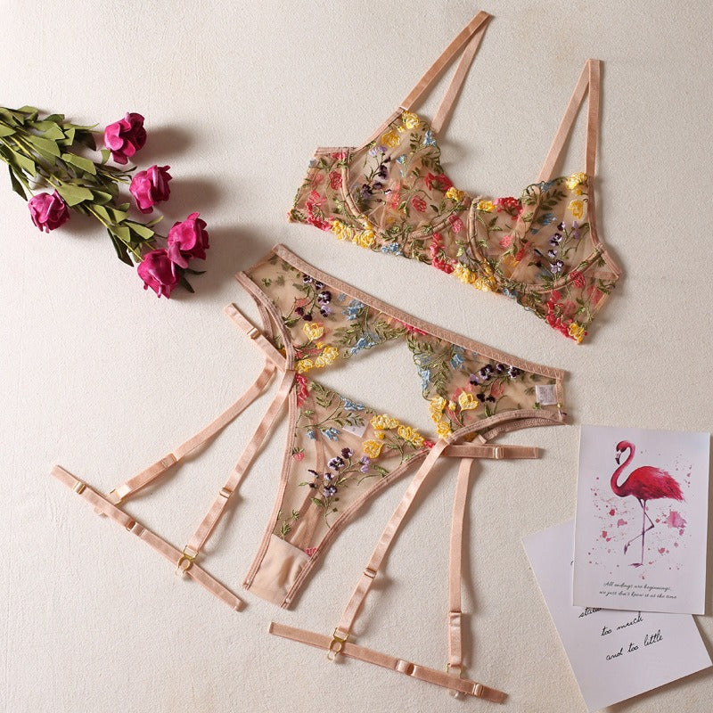 Sexy See-Through Yellow Garden Floral Bra Garter Belt Thong With Leg Ring