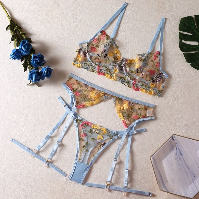 Sexy See-Through Yellow Garden Floral Bra Garter Belt Thong With Leg Ring