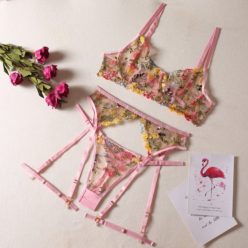 Sexy See-Through Yellow Garden Floral Bra Garter Belt Thong With Leg Ring