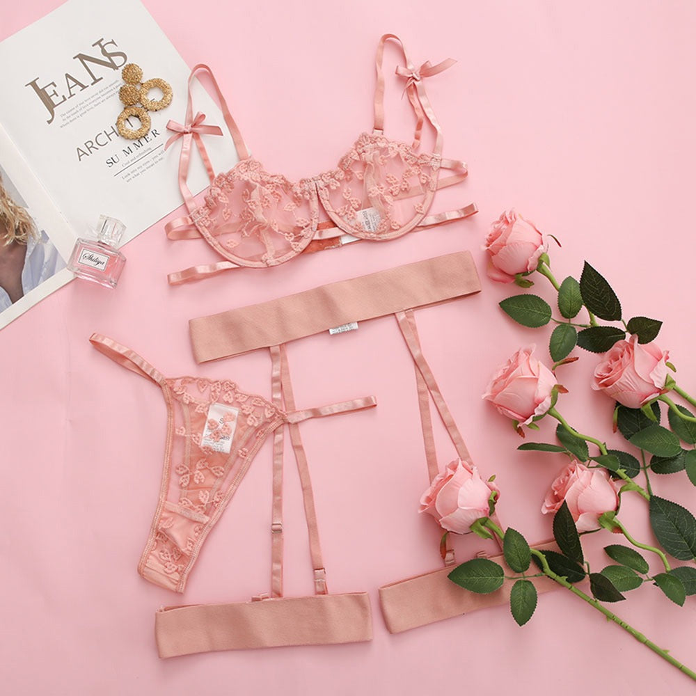 Red Lace Embroidery Girls Mesh See-Through Sexy Erotic Lingerie Three pc. Sets