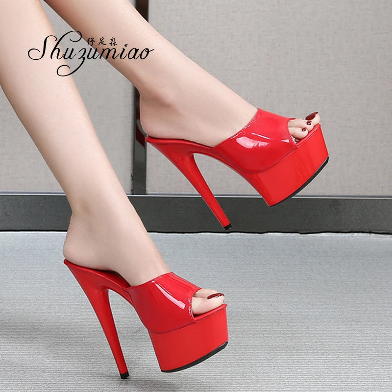 Women High Heels New Stripper Thick Bottom Platform Patent Leather Open Toe Bling