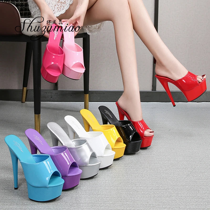 Women High Heels New Stripper Thick Bottom Platform Patent Leather Open Toe Bling