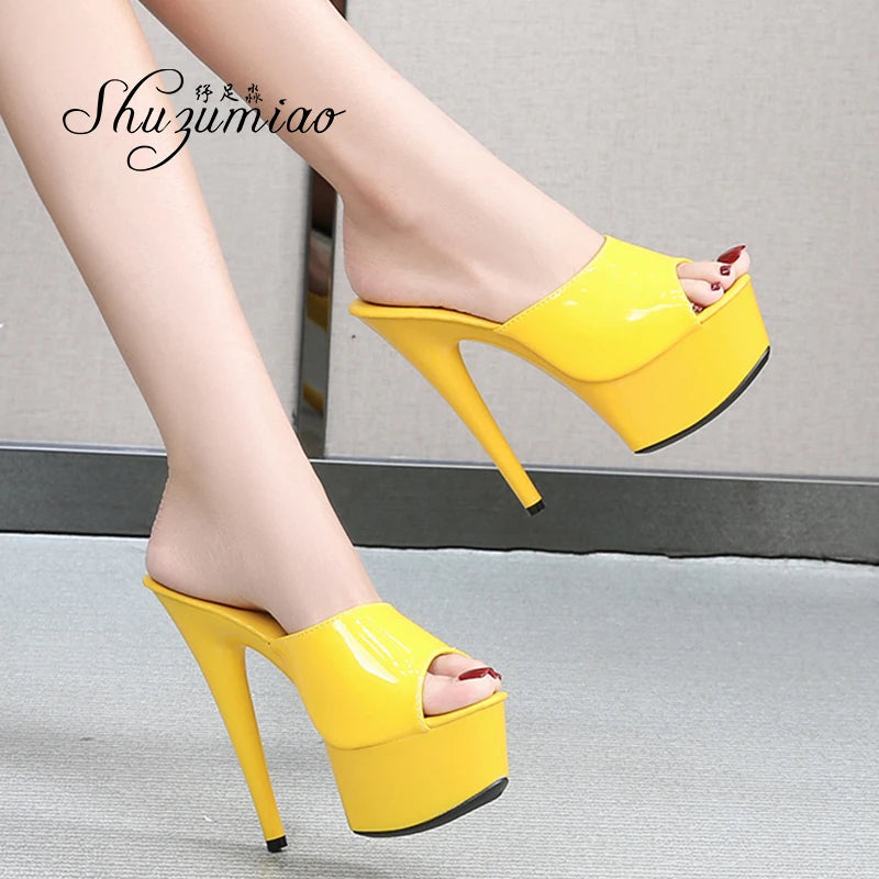 Women High Heels New Stripper Thick Bottom Platform Patent Leather Open Toe Bling