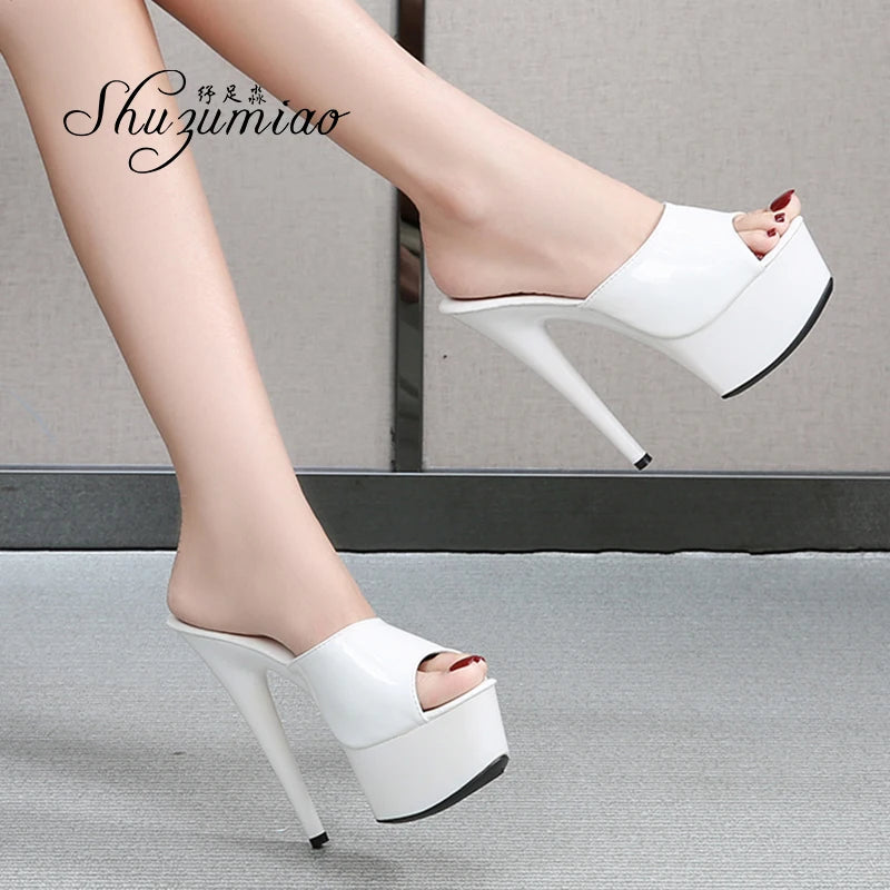 Women High Heels New Stripper Thick Bottom Platform Patent Leather Open Toe Bling