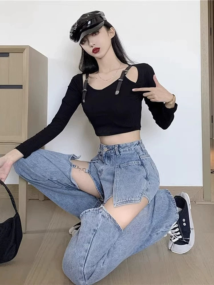 Gold High Waist Loose Design Removable Denim