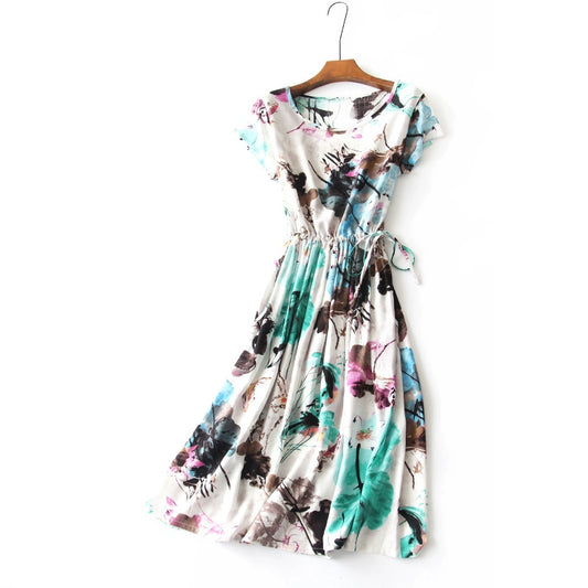 Bamboo Joint Pocket Chinese Ink Style Rayon Bourette Dress