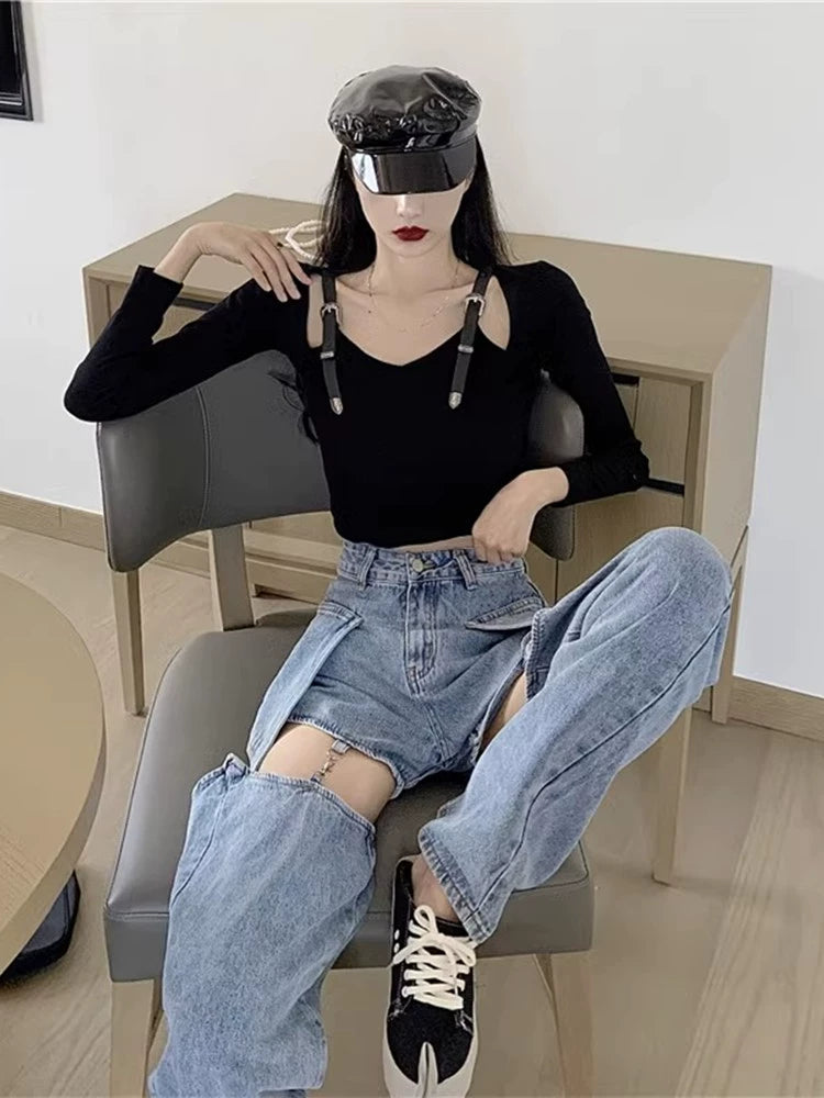 Gold High Waist Loose Design Removable Denim