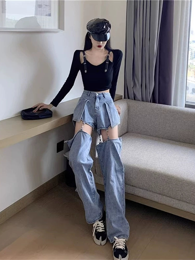 Gold High Waist Loose Design Removable Denim
