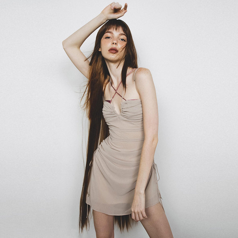 Hollow Drawstring Backless Halter Sling