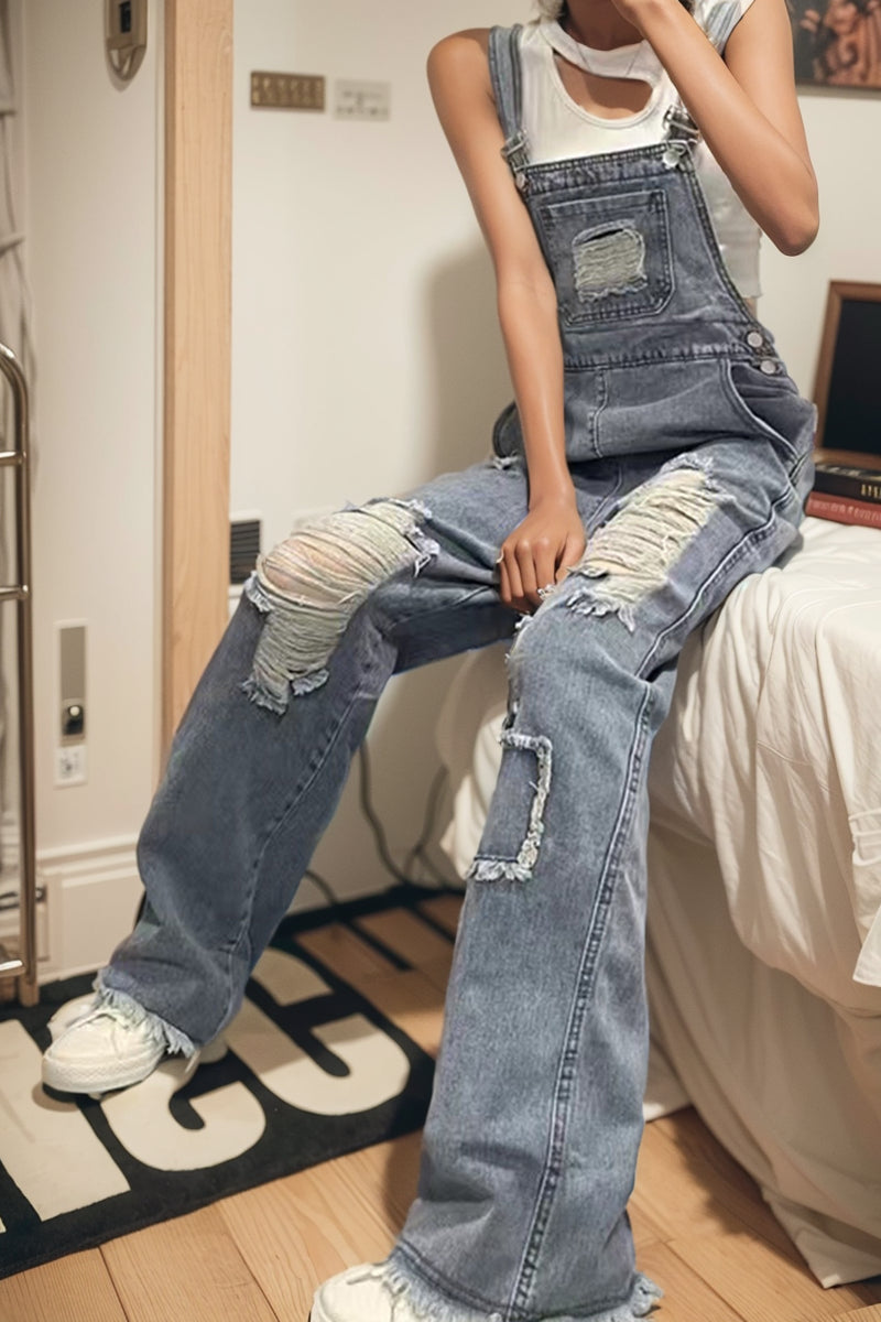 Age-Reducing Ripped Parka Beggar High Denim Suspender Pants