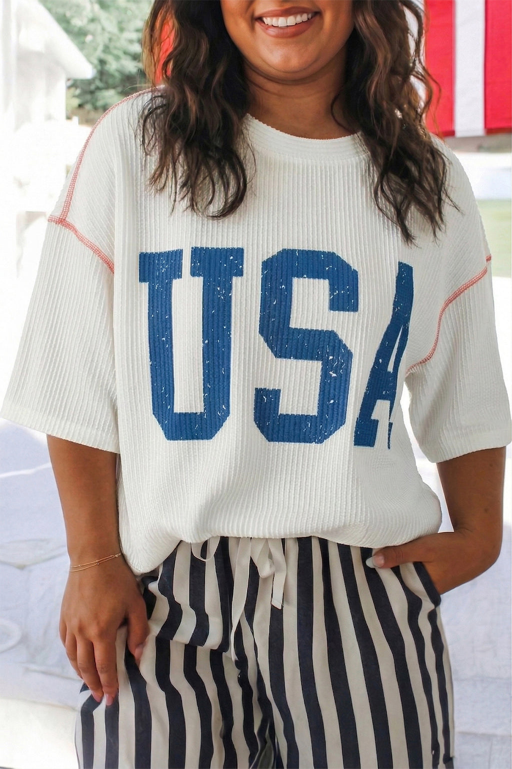 White Plus Size Twisted Rib Vintage USA Letter Printed T Shirt