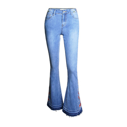 Women's Wide Leg Pants Denim Flared Pants Embroidered