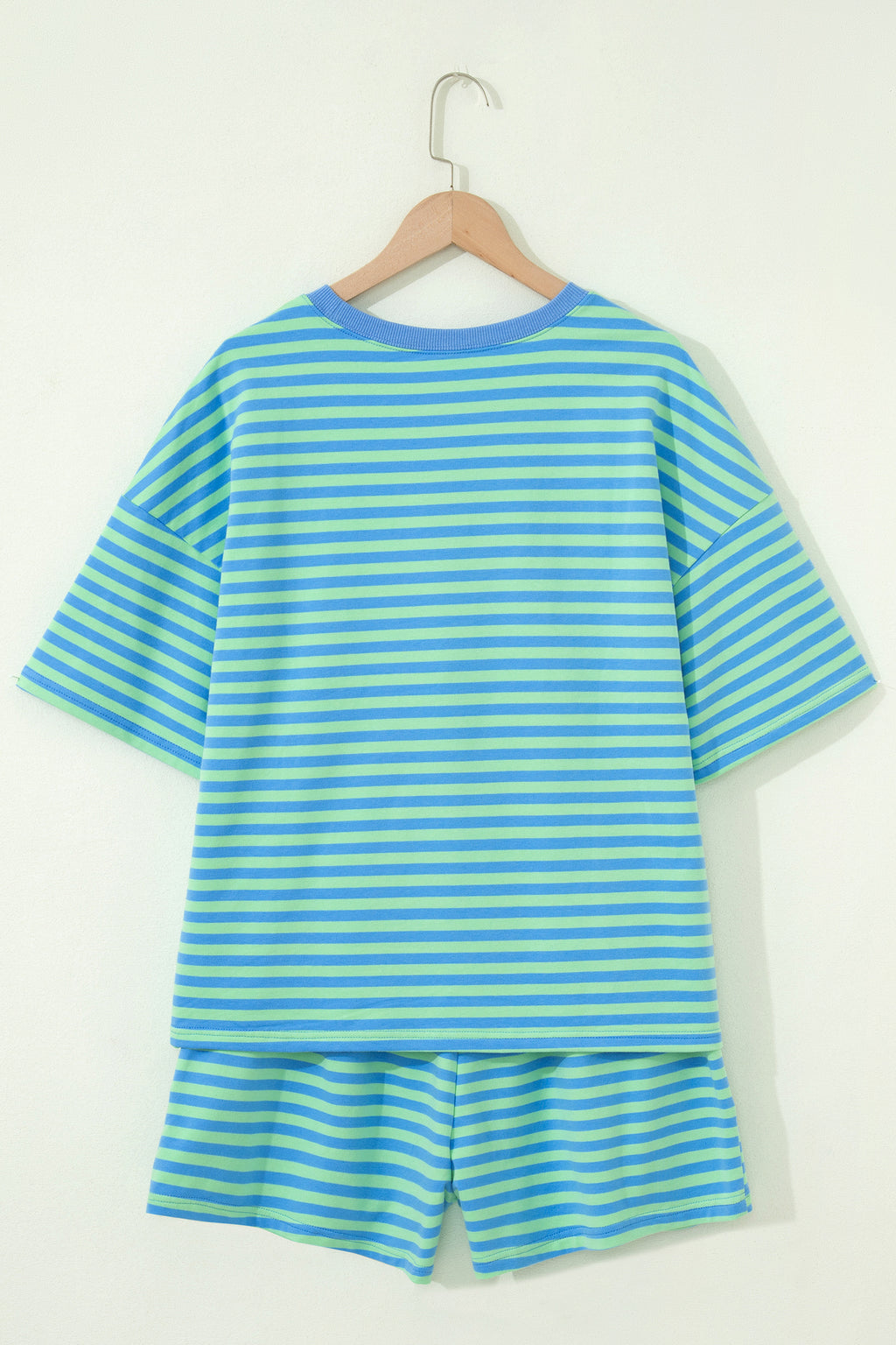 Green Stripe Striped Ribbed Cotton Two-Piece Pant Set with Chest Patch Detail