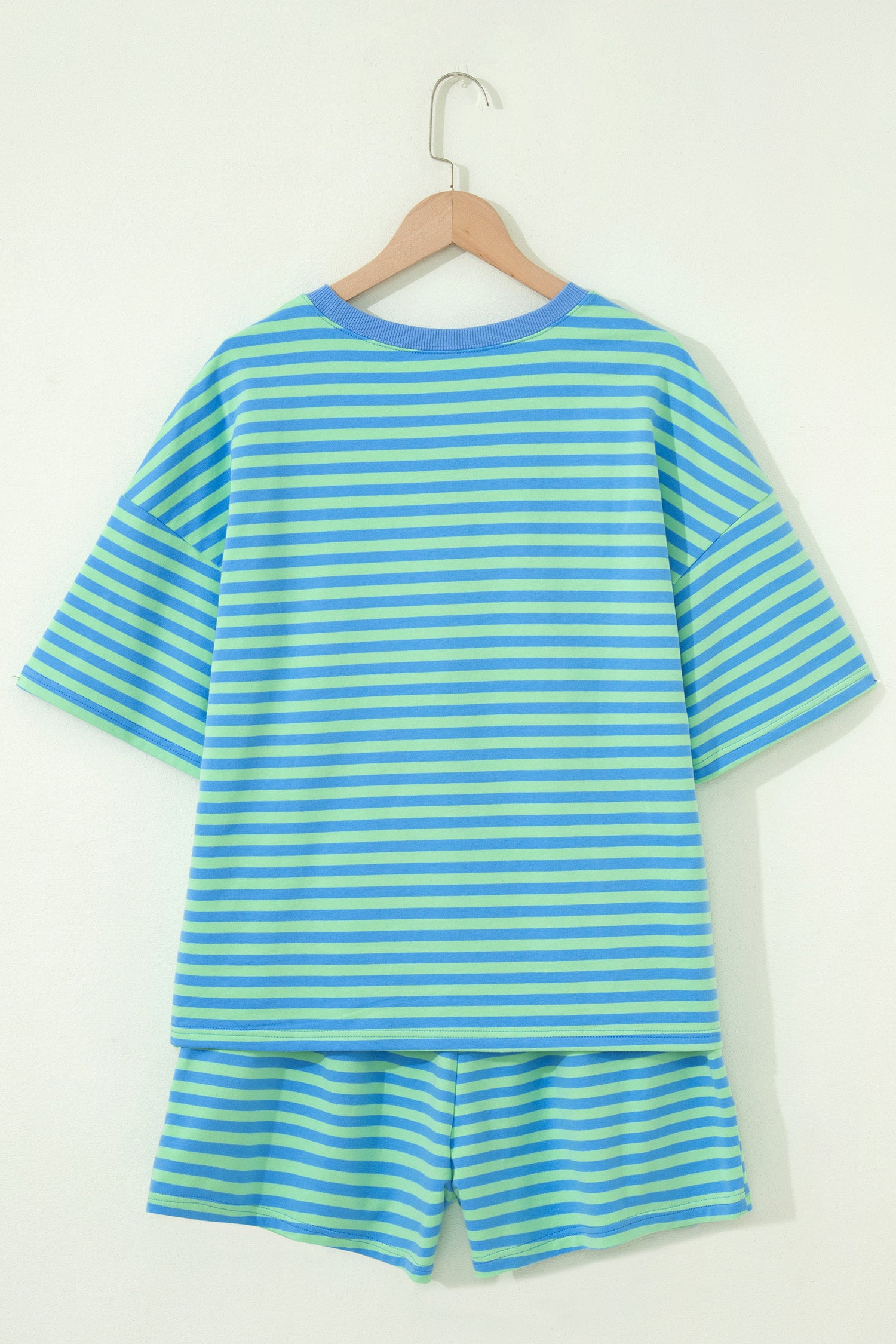 Green Stripe Striped Ribbed Cotton Two-Piece Pant Set with Chest Patch Detail