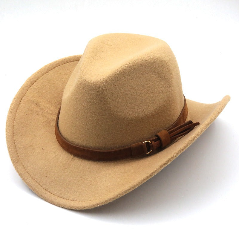 Casual Versatile Retro Camel Belt  Woolen Western Denim Hat