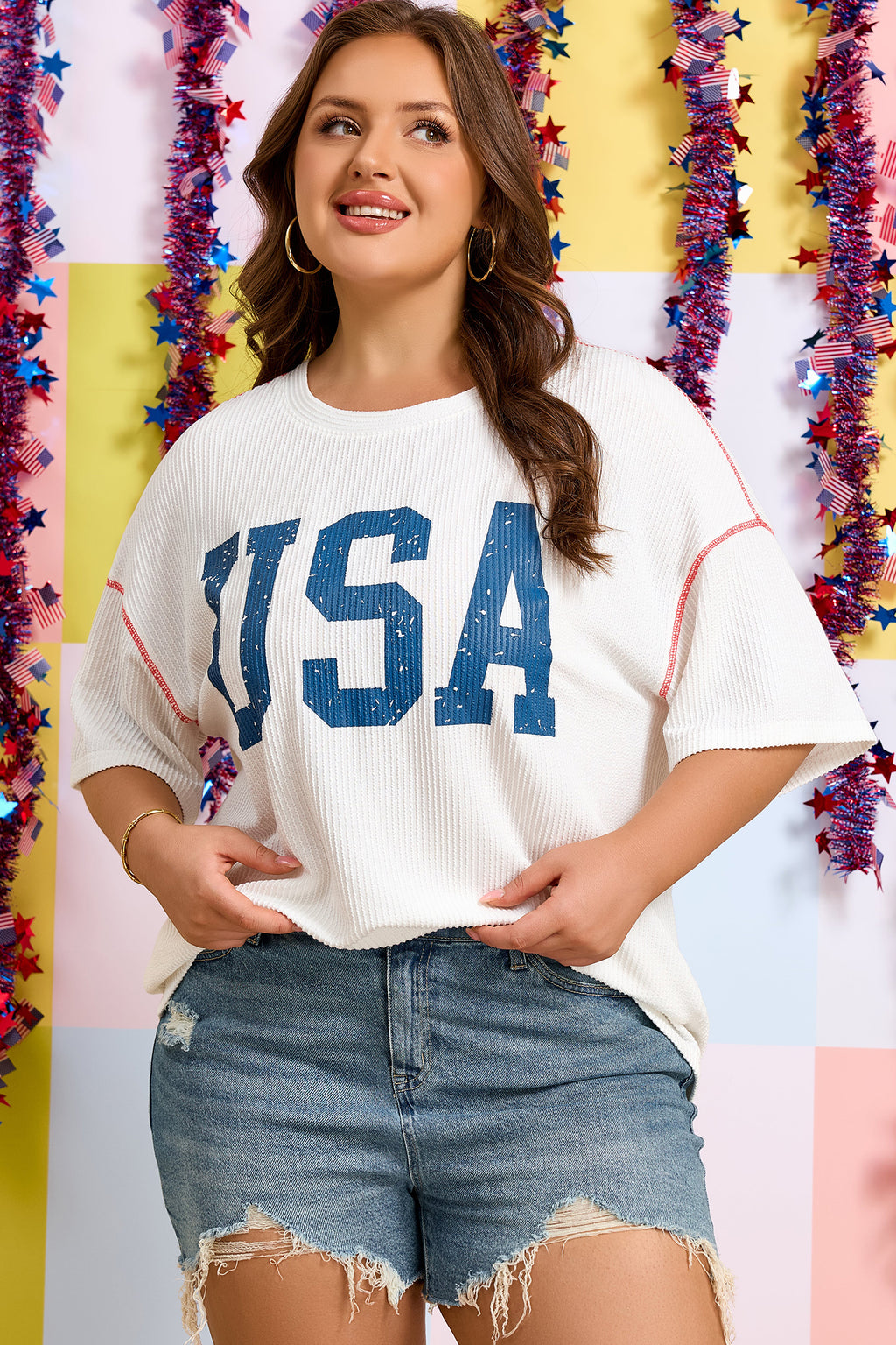 White Plus Size Twisted Rib Vintage USA Letter Printed T Shirt