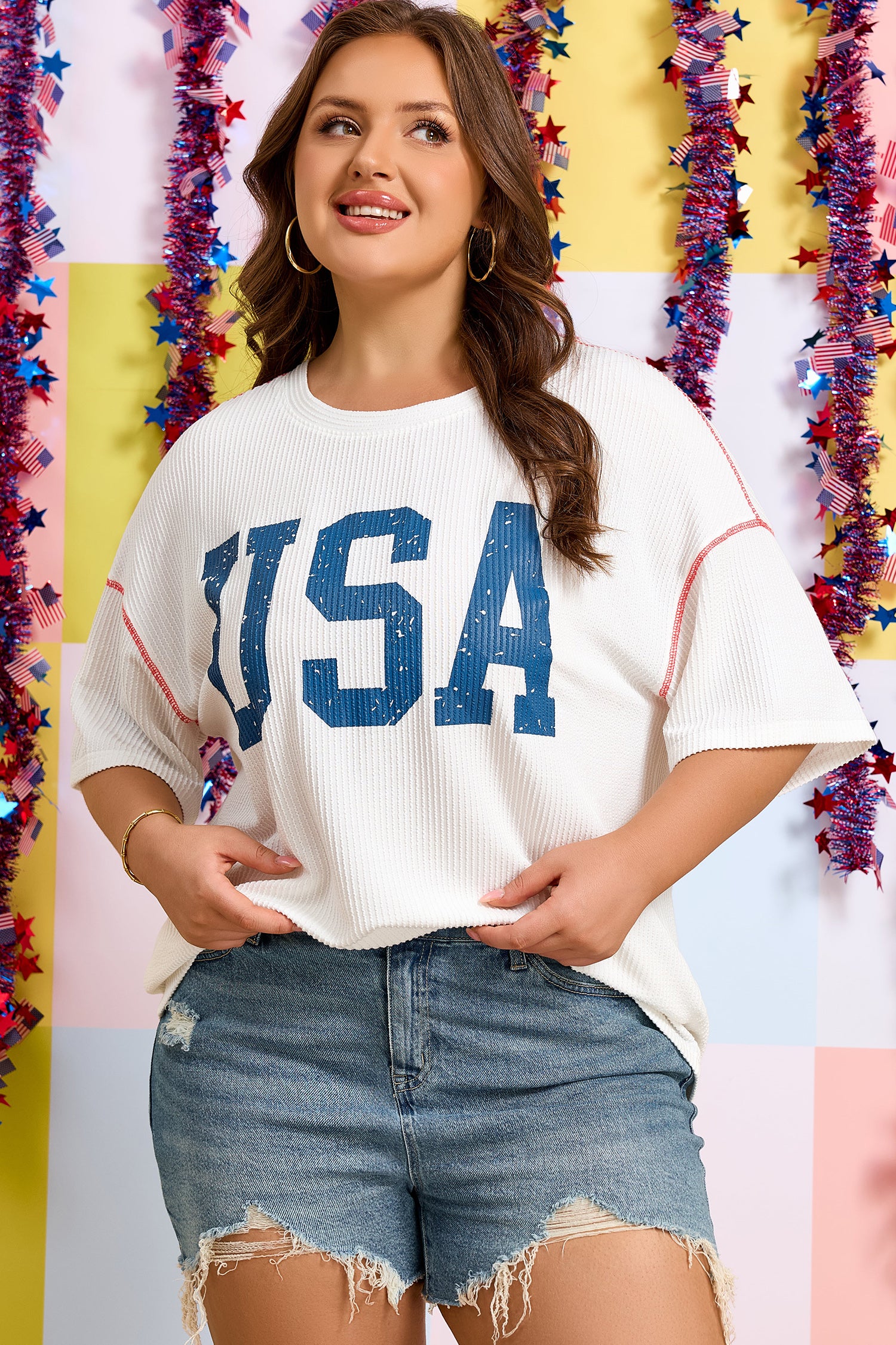 White Plus Size Twisted Rib Vintage USA Letter Printed T Shirt