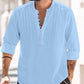 Cotton and Linen Mens Casual Button Round Neck Solid Standing Collar Shirt