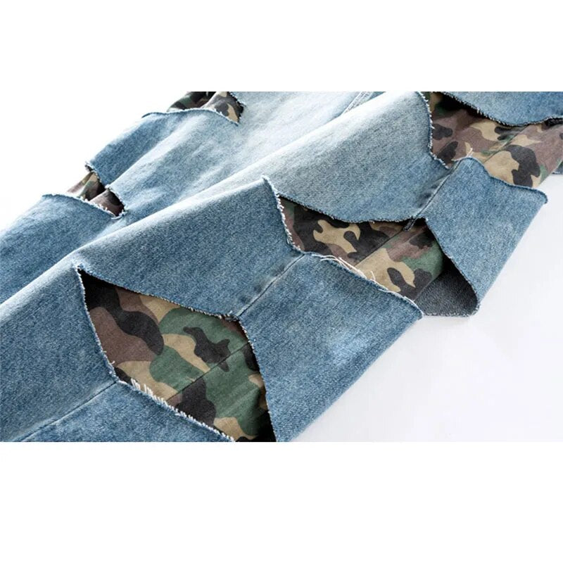 Camouflage Hole Fake Two Pieces Jeans