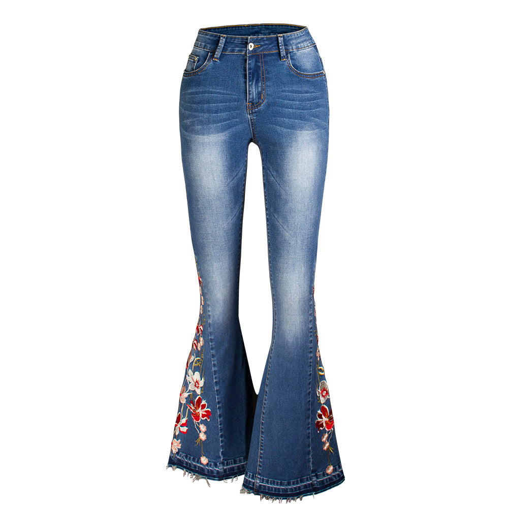 Denim Flared Pants 3D Heavy Industry Embroidered