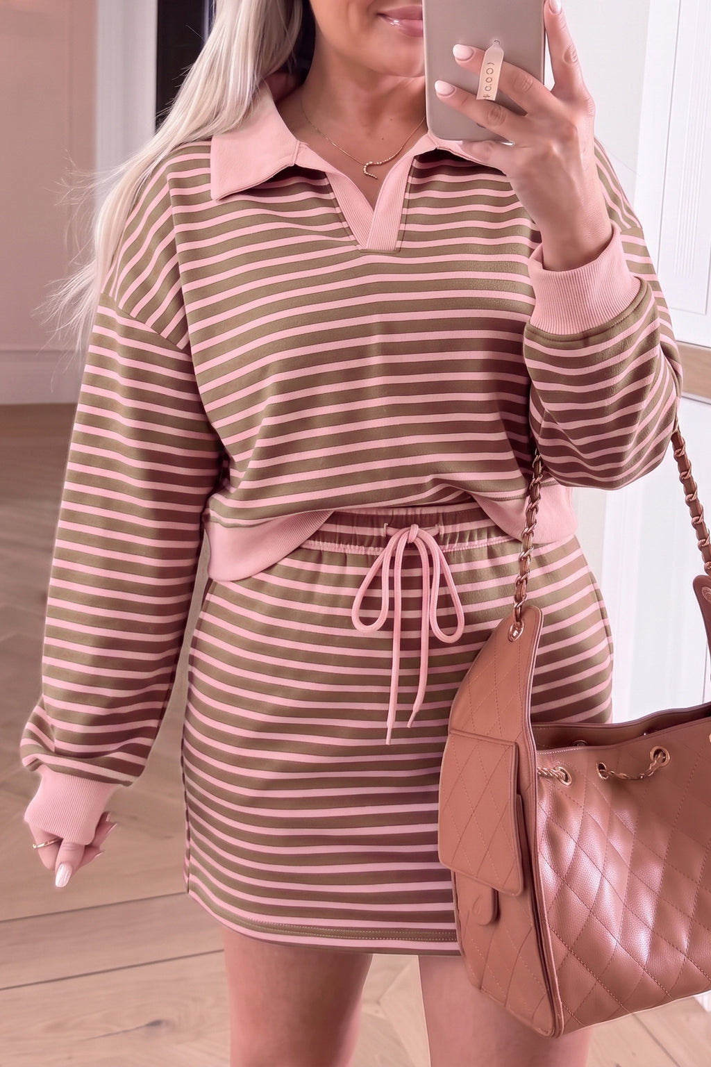 Brown Stripe Striped Drawstring Waist Long Sleeve Top Mini Skort Set