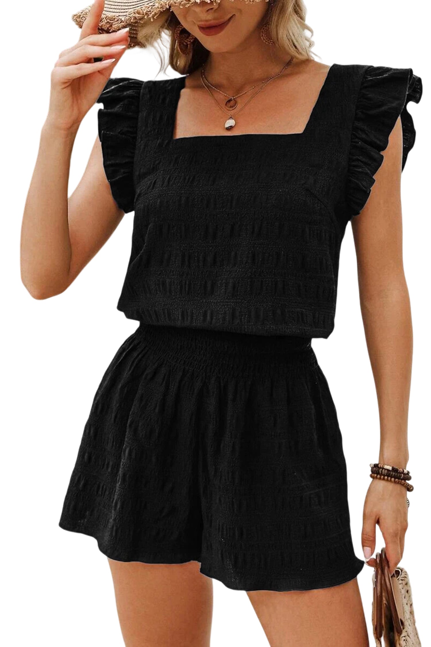 Fiery Red Textured Square Neck Top and Shirred High Waist Shorts Set