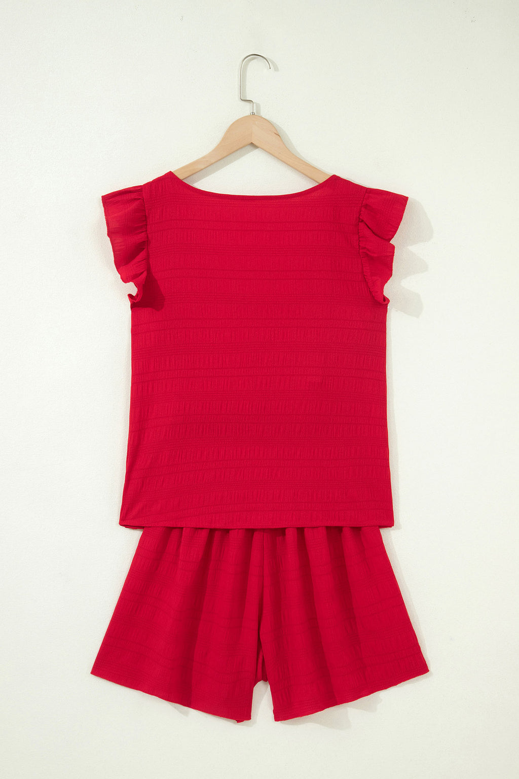 Fiery Red Textured Square Neck Top and Shirred High Waist Shorts Set