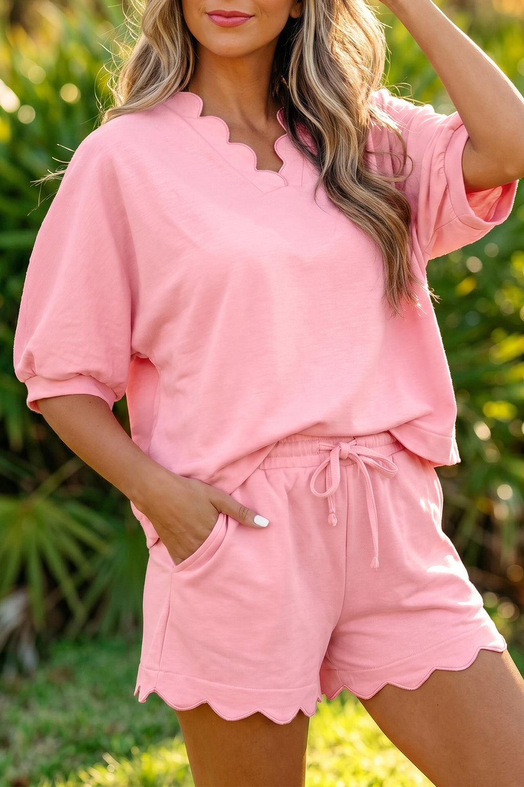Gossamer Pink Scalloped V Neck Dolman Oversize Top Drawstring Short Set