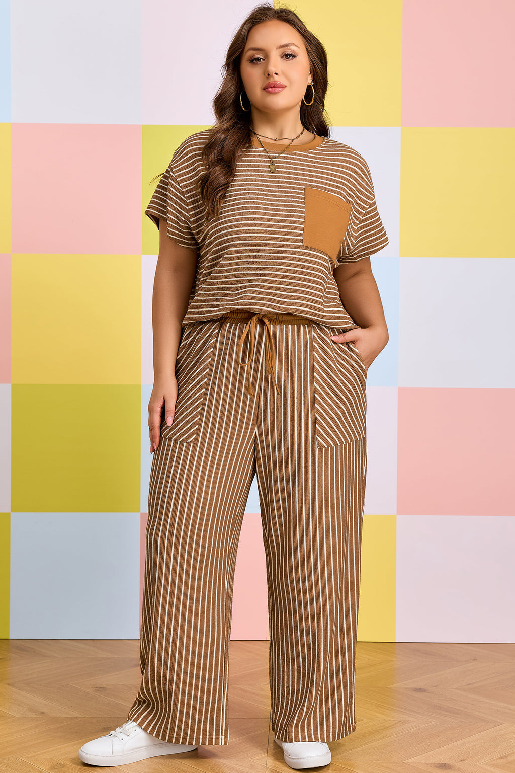 Khaki Stripe Plus Size Striped Colorblock Pocket Lounge Set
