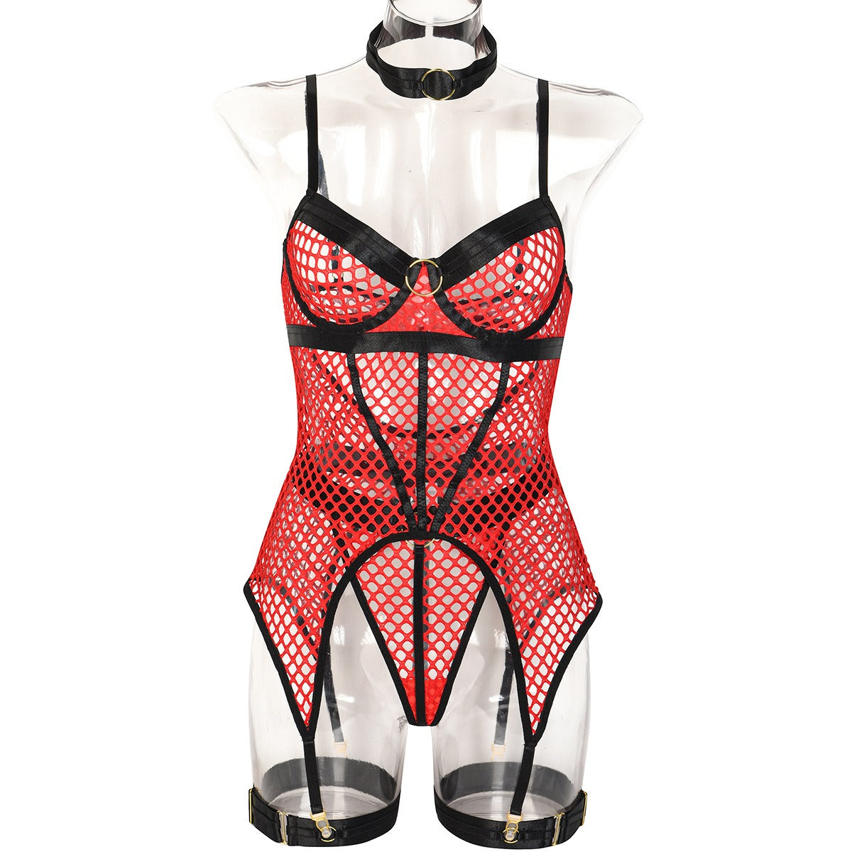 Popular Large Mesh Splice with Steel Ring Hanging Neck and Leg Ring Underwear