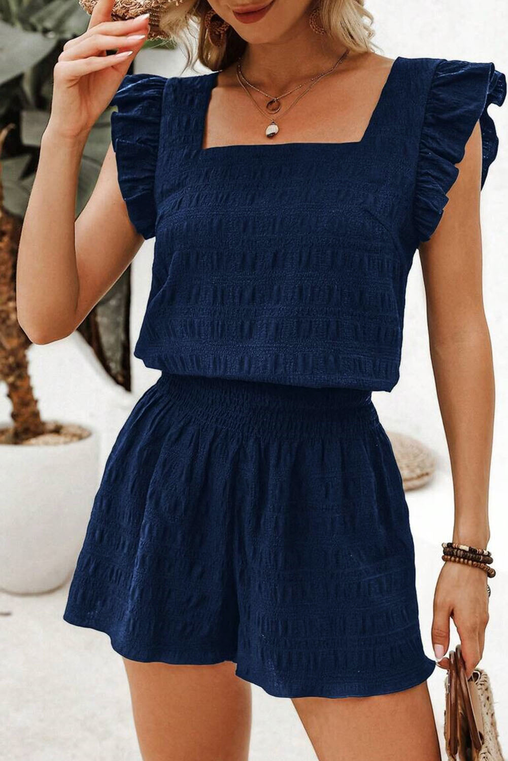 Fiery Red Textured Square Neck Top and Shirred High Waist Shorts Set