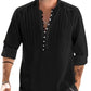 Cotton and Linen Mens Casual Button Round Neck Solid Standing Collar Shirt