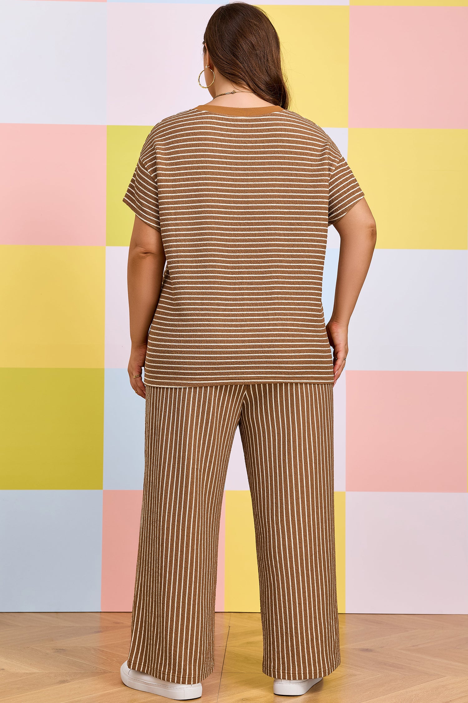 Khaki Stripe Plus Size Striped Colorblock Pocket Lounge Set