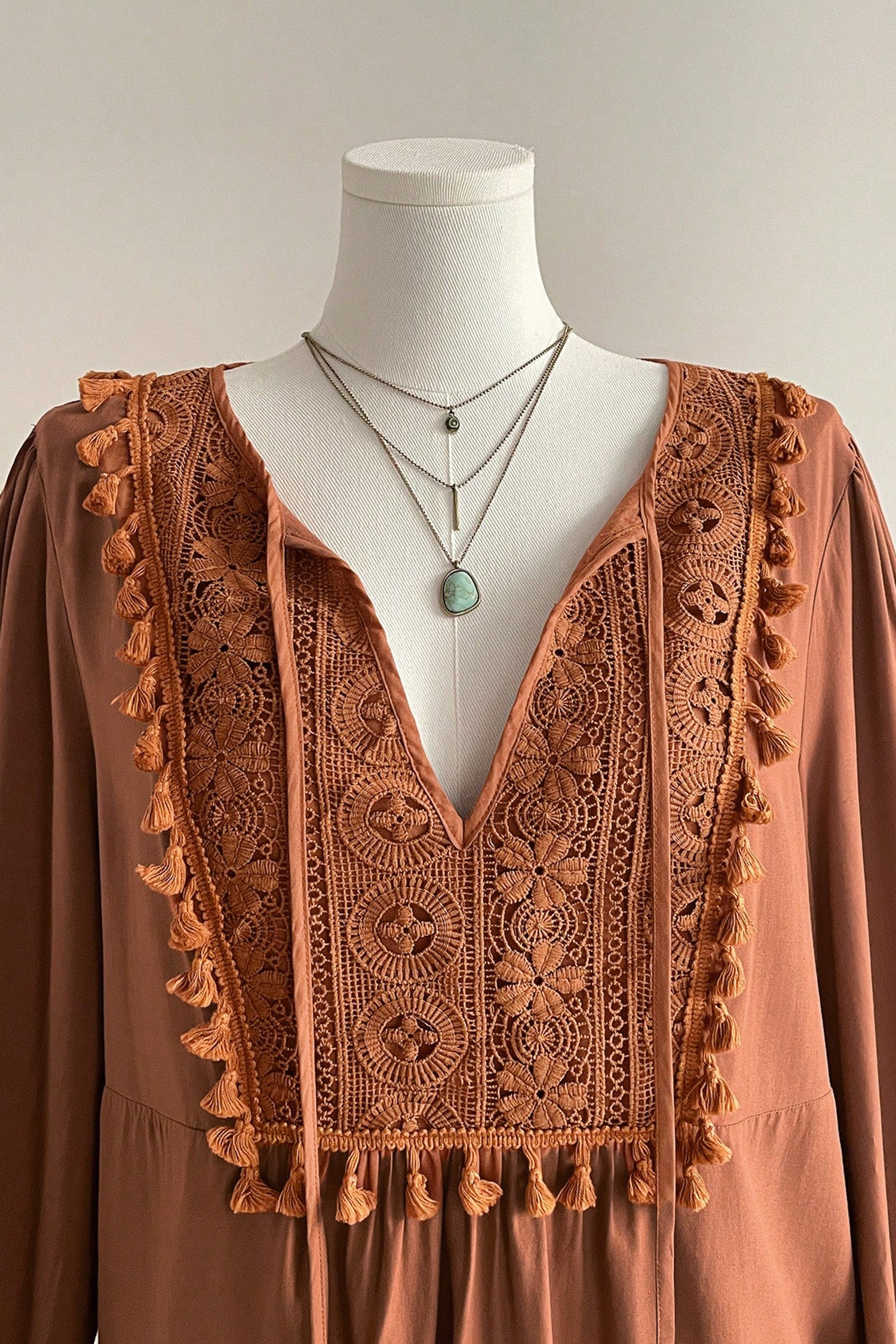 Chestnut  V Neck Embroidered Tassel Long Sleeve Plus Size Blouse