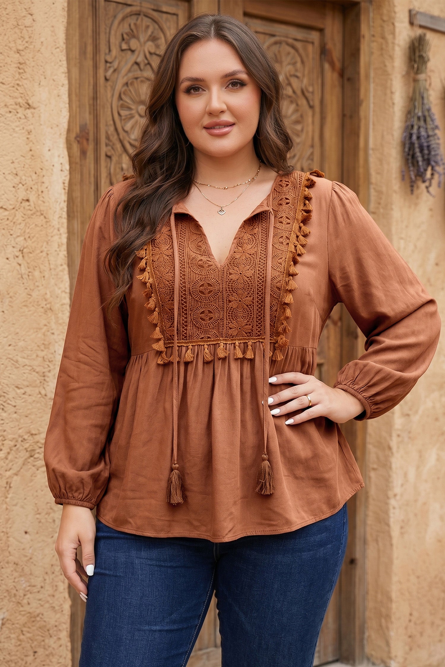 Chestnut  V Neck Embroidered Tassel Long Sleeve Plus Size Blouse