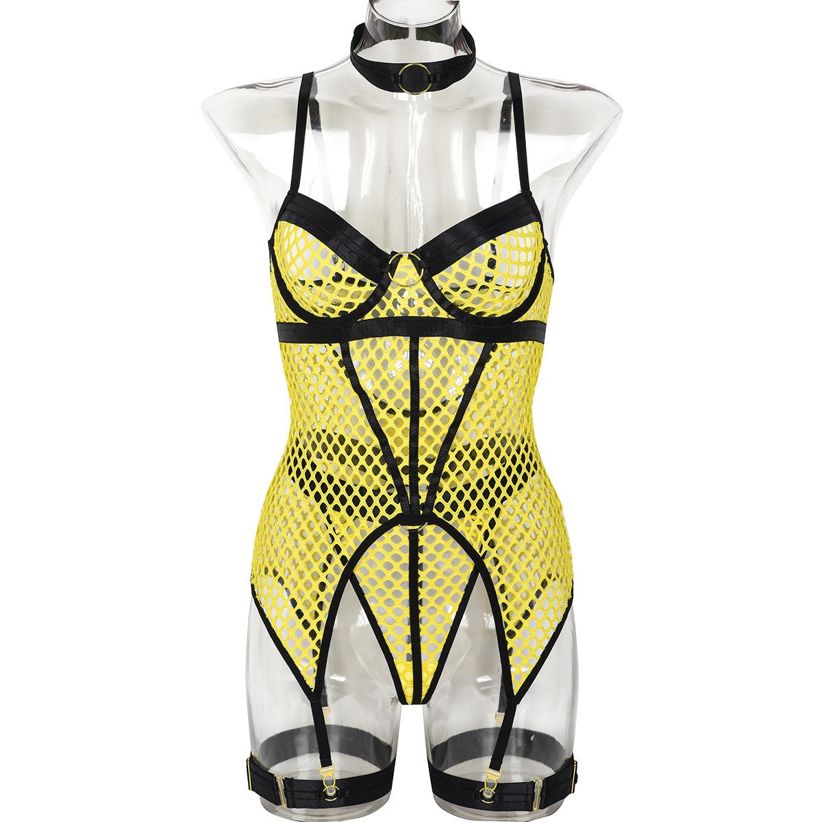 Popular Large Mesh Splice with Steel Ring Hanging Neck and Leg Ring Underwear