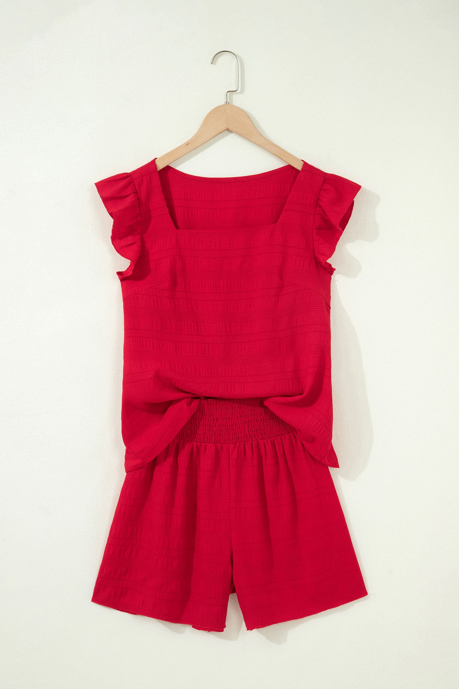 Fiery Red Textured Square Neck Top and Shirred High Waist Shorts Set
