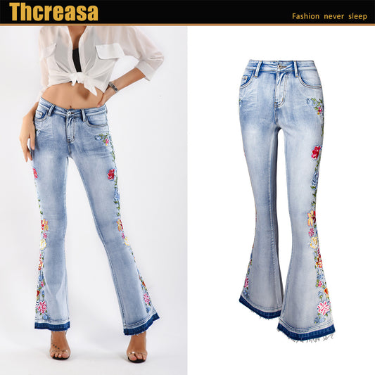 Women Heavy Industry Three-Dimensional 3D Embroidery Jeans